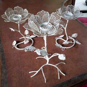 Set of 3 Weathered Rustic Cottage Shabby Chic Metal Flower Votive Candle Holders